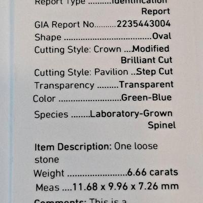 GIA CERTIFIED LAB GROWN Spinel 6.66 CTS
