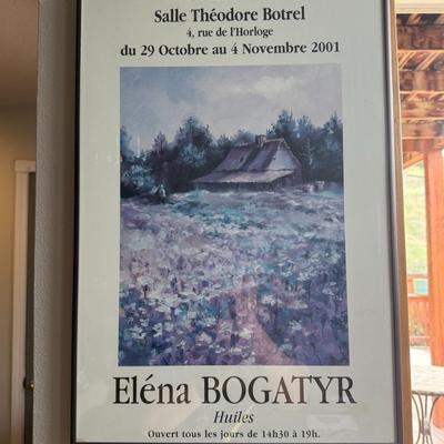 Sale Photo Thumbnail #52: Elegant and collectible poster from French artist Éléna Bogatyr, advertising her 2001 solo exhibit in Dinan, France. Features one of her signature impressionist-style oil paintings of a rustic cottage and floral field. Professionally framed and ready to