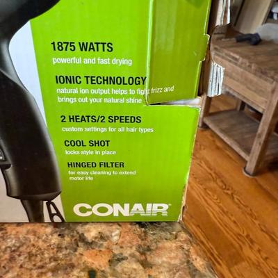 Sale Photo Thumbnail #60: Powerful and compact, this Conair 1875 Turbo Dryer features ionic technology for smoother, shinier hair and faster drying. Comes brand new in original box with attachments included.

Features:

1875 watts of power

Ionic technology reduces frizz

2 heat /