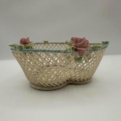 Vintage Belleek Shamrock Rose Clover Fine Porcelain Basket