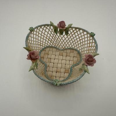 Vintage Belleek Shamrock Rose Clover Fine Porcelain Basket