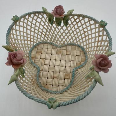 Vintage Belleek Shamrock Rose Clover Fine Porcelain Basket