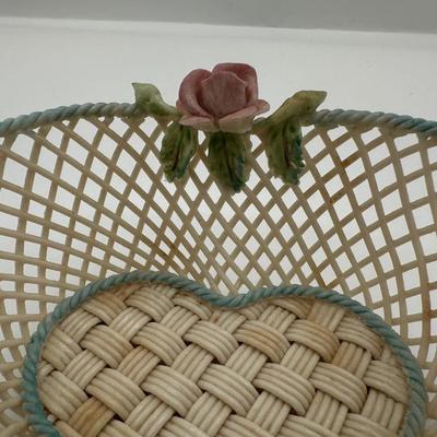Vintage Belleek Shamrock Rose Clover Fine Porcelain Basket