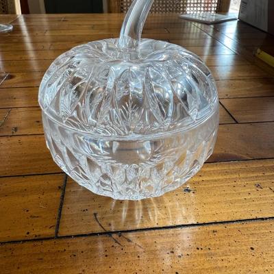 Sale Photo Thumbnail #137: Unique crystal candy or trinket dish in the shape of an apple, complete with a stemmed lid. Eye-catching centerpiece or gift item.