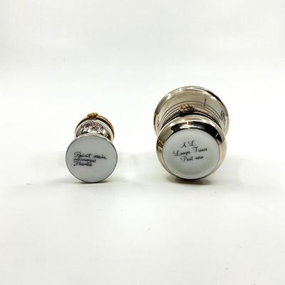 Sale Photo Thumbnail #372: Signed A.L. 
Measurements:
Bottle is 3" in height, 1.5" diameter
Chalet is 2" in height, 0.75" in diameter