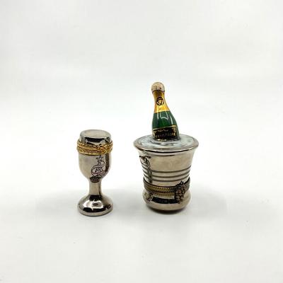 Sale Photo Thumbnail #369: Signed A.L. 
Measurements:
Bottle is 3" in height, 1.5" diameter
Chalet is 2" in height, 0.75" in diameter