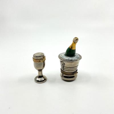 Sale Photo Thumbnail #370: Signed A.L. 
Measurements:
Bottle is 3" in height, 1.5" diameter
Chalet is 2" in height, 0.75" in diameter