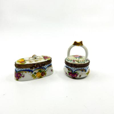 Sale Photo Thumbnail #373: Measurements:
Oval box is 2.25" in width, 1.2" in height
Basket is 1" in diameter, 2" in height