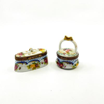 Sale Photo Thumbnail #374: Measurements:
Oval box is 2.25" in width, 1.2" in height
Basket is 1" in diameter, 2" in height