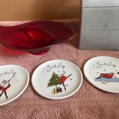 Pottery Barn coasters and red dish with yellow edge
