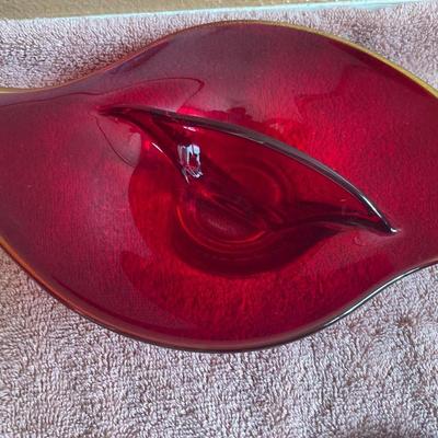 Pottery Barn coasters and red dish with yellow edge