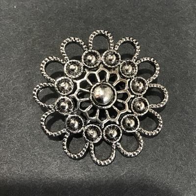 Vintage gun, metal, gray toned flower, brooch