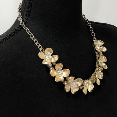 Pretty silver and gold, toned, rhinestone flower statement, necklace