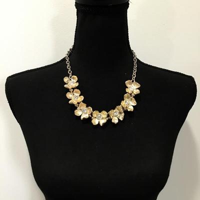 Pretty silver and gold, toned, rhinestone flower statement, necklace