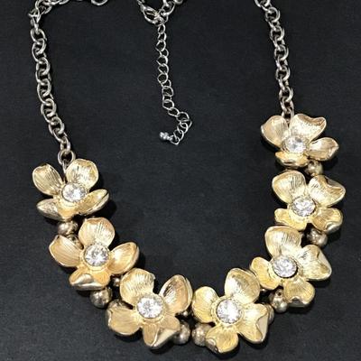 Pretty silver and gold, toned, rhinestone flower statement, necklace