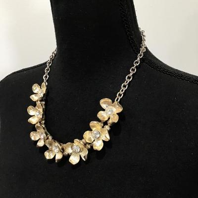 Pretty silver and gold, toned, rhinestone flower statement, necklace