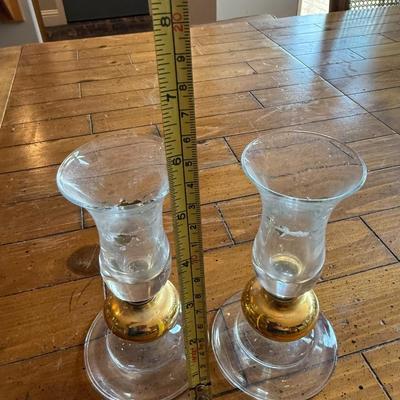 Sale Photo Thumbnail #199: Elegant pair of fluted glass bud vases with gold tone bases. Vintage charm with minor patina.
