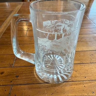 Sale Photo Thumbnail #204: Heavy clear glass stein with frosted mountain and lodge scene, marked "Park City." Great for ski lodge display.