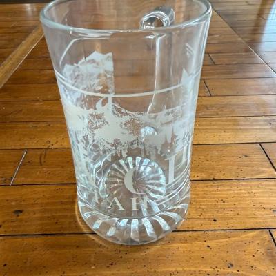 Sale Photo Thumbnail #205: Heavy clear glass stein with frosted mountain and lodge scene, marked "Park City." Great for ski lodge display.