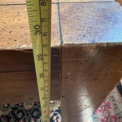Sale Photo Thumbnail #229: Rustic wood dining table with plank inlay top and matching chairs (6 total). Leaf included for extended seating.