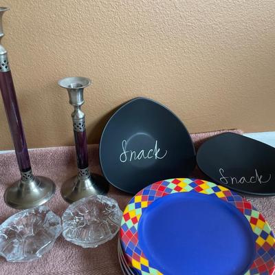 Snack bowl and colorful plates with candle stick holders