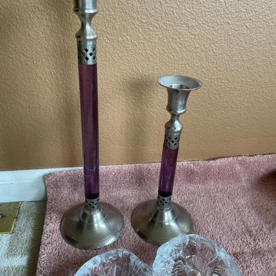 Snack bowl and colorful plates with candle stick holders