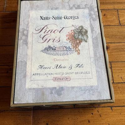 Sale Photo Thumbnail #261: Framed textured art print styled as a vintage Pinot Gris wine label from Nuits-Saint-Georges, France. Rustic style, beige tones