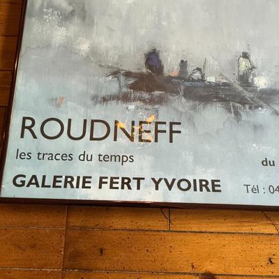 Sale Photo Thumbnail #265: Large square framed art poster titled "Les Traces du Temps" by Roudneff from Galerie Fert Yvoire (2006). Cool-toned, misty nautical painting.