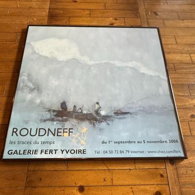 Sale Photo Thumbnail #264: Large square framed art poster titled "Les Traces du Temps" by Roudneff from Galerie Fert Yvoire (2006). Cool-toned, misty nautical painting.