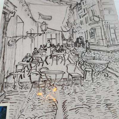 Sale Photo Thumbnail #277: Large framed poster from a Van Gogh drawing exhibit, featuring a sketch-style café scene with a small color insert of “Café Terrace at Night.” Ideal for art collectors.