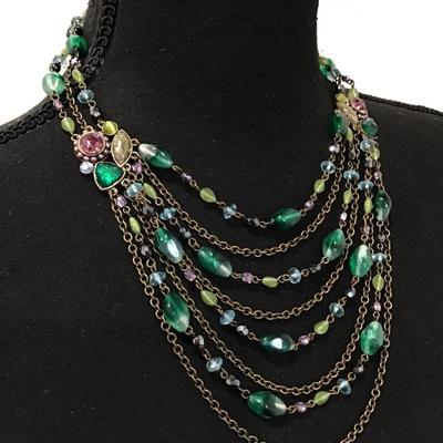 Beautiful Vintage gorgeous, dark green, pink, rhinestone statement, necklace, multilayered