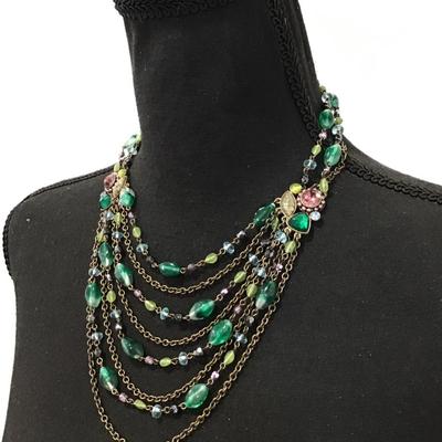 Beautiful Vintage gorgeous, dark green, pink, rhinestone statement, necklace, multilayered