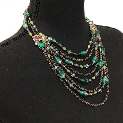 Beautiful Vintage gorgeous, dark green, pink, rhinestone statement, necklace, multilayered