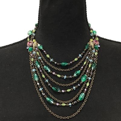 Beautiful Vintage gorgeous, dark green, pink, rhinestone statement, necklace, multilayered