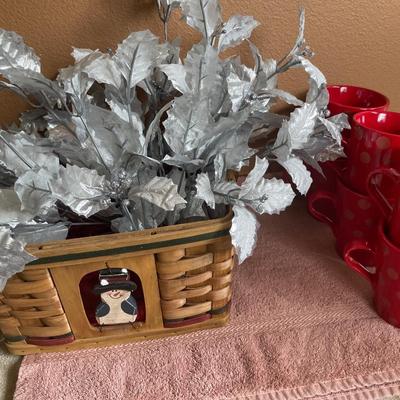 Snowman basket and red mugs