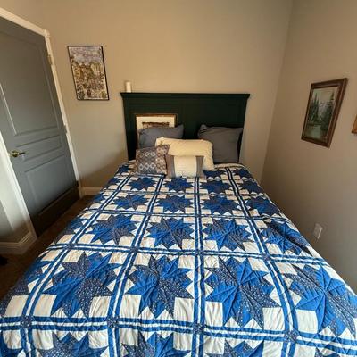 Sale Photo Thumbnail #319: Green headboard, mattress (no weird stains) Beautiful handcrafted quilt featuring blue starburst patterns on white. Clean, vibrant, and perfect for cozy cottage or Americana decor.