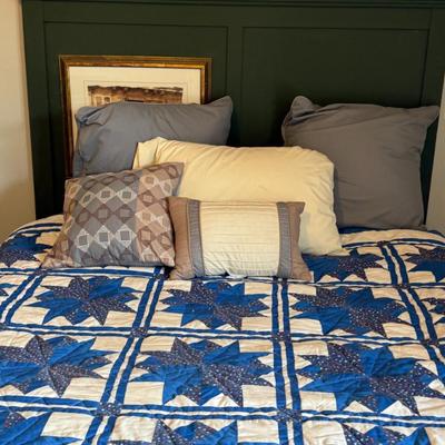 Sale Photo Thumbnail #320: Green headboard, mattress (no weird stains) Beautiful handcrafted quilt featuring blue starburst patterns on white. Clean, vibrant, and perfect for cozy cottage or Americana decor.
