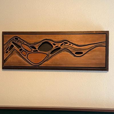 Sale Photo Thumbnail #330: Unique MCM abstract wooden wall sculpture featuring negative space and curved contour design. Statement piece.
