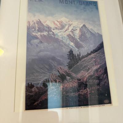 Sale Photo Thumbnail #342: Classic travel print featuring Mont Blanc with floral foreground. Crisp and bright in a pale frame.