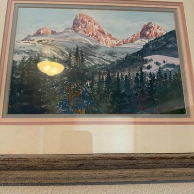 Sale Photo Thumbnail #343: Classic travel print featuring Mont Blanc with floral foreground. Crisp and bright in a pale frame.