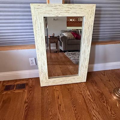 Sale Photo Thumbnail #362: Modern beveled edge rectangular wall mirror with textured white mosaic frame. Approx. 36” tall.