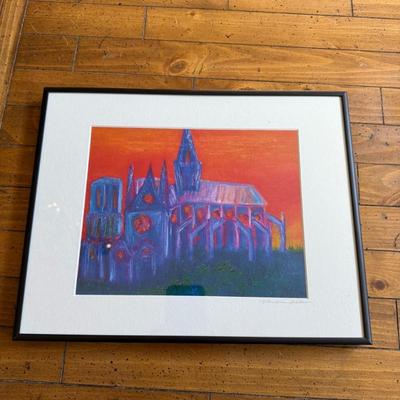 Sale Photo Thumbnail #398: Vivid and bold colors depicting a cathedral against a red sky. Signed by artist.