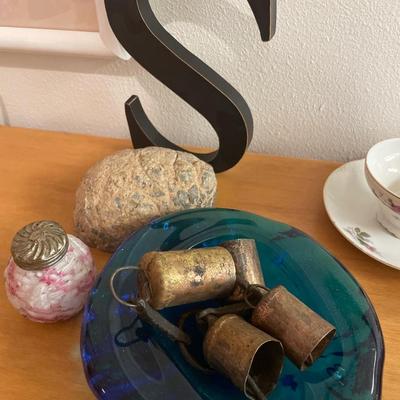 Unique brass bells with blue dish and more