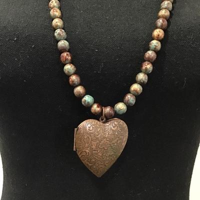 VCLM Multicolored, copper, accent bead necklace with copper heart locket, large