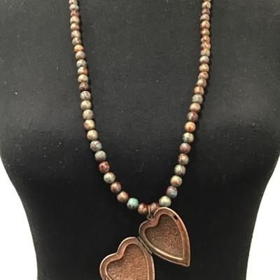 VCLM Multicolored, copper, accent bead necklace with copper heart locket, large