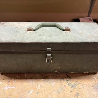 Sale Photo Thumbnail #443: Metal tool box loaded with assorted vintage hand tools including files, chisels, hammers, and specialty items. Ideal for collectors or garage use.