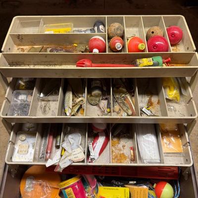 Sale Photo Thumbnail #462: Multi-tray tackle box fully stocked with bobbers, lures, weights, and hooks. Ready to hit the lake.