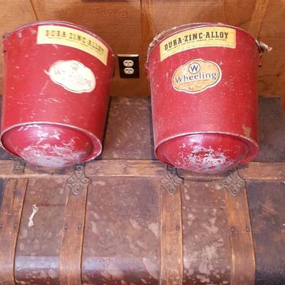 2 Red Wheeling Dura Zinc Alloy Fire Pail Buckets Round Bottoms 10"