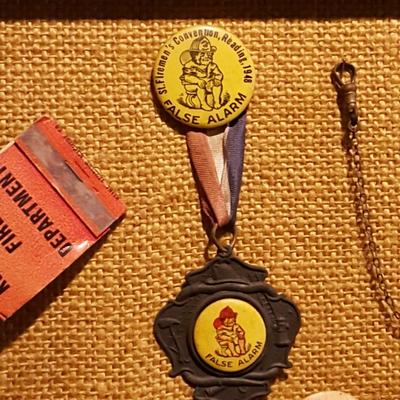 Framed Collection of Antique Fire Dept. Medals Patches, Pins, Harrisburg Shamokin PA Kentland