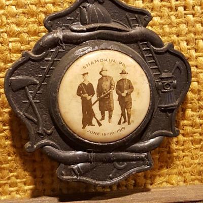 Framed Collection of Antique Fire Dept. Medals Patches, Pins, Harrisburg Shamokin PA Kentland